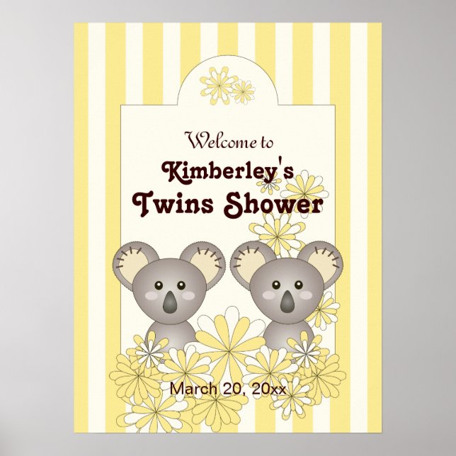 Yellow Koala Twin Baby Shower / Kids Birthday Poster (Front)