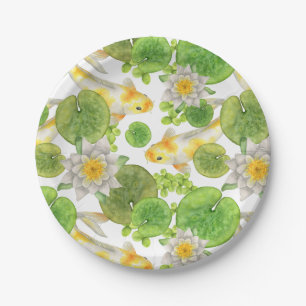 Yellow Koi Fish and White Water Lilies Pond Paper Plate