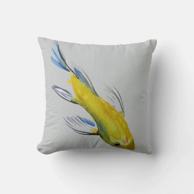 Yellow Koi Japanese watercolour fish art Cushion (Front)