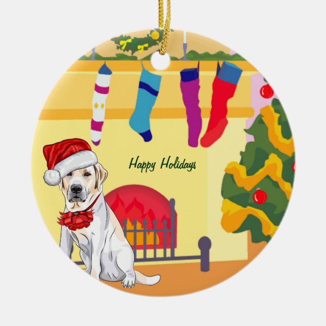 Yellow Lab Christmas (customisable) Ceramic Tree Decoration (Front)