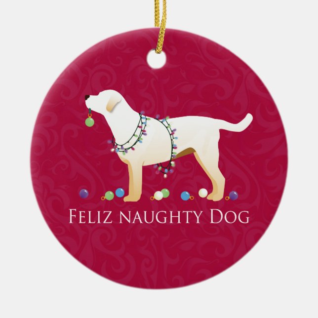 Yellow Lab Christmas Feliz Naughty Dog Ceramic Tree Decoration (Front)