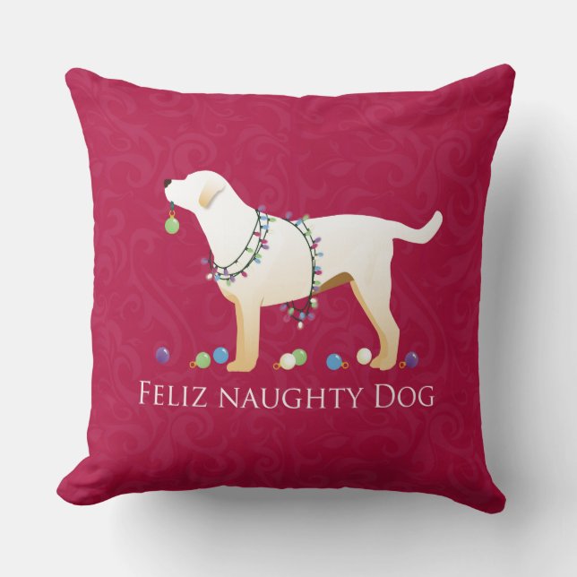 Yellow Lab Christmas Feliz Naughty Dog Cushion (Front)
