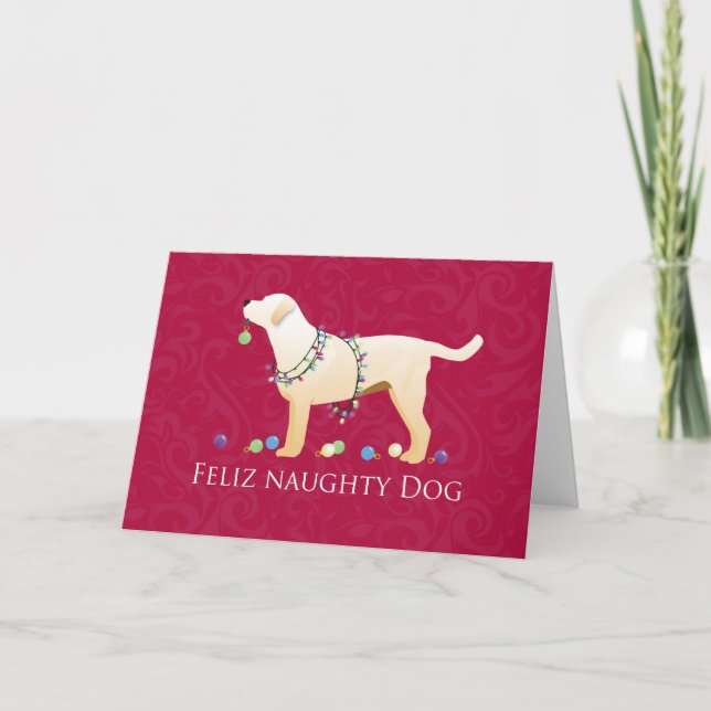 Yellow Lab Christmas Feliz Naughty Dog Holiday Card (Front)