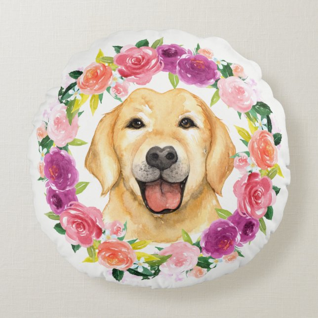 Yellow Lab Dog with Floral Wreath Pillow (Front)