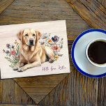 Yellow Lab in Wildflowers Hello Personalized Postcard<br><div class="desc">Yellow lab dog lover postcard with custom text on the front.  Send a note that begins with,  "Hello from .. name" in dark purple script.  Continue your message on the back with your own handwriting.  Light brown wood boards background,  with a sweet labrador retriever lying among the wildflowers.</div>