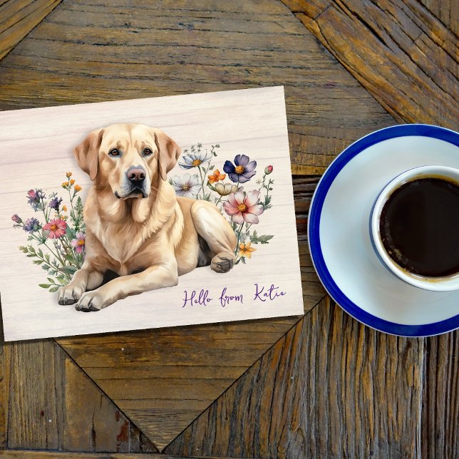 Yellow Lab in Wildflowers Hello Personalized Postcard (Creator Uploaded)