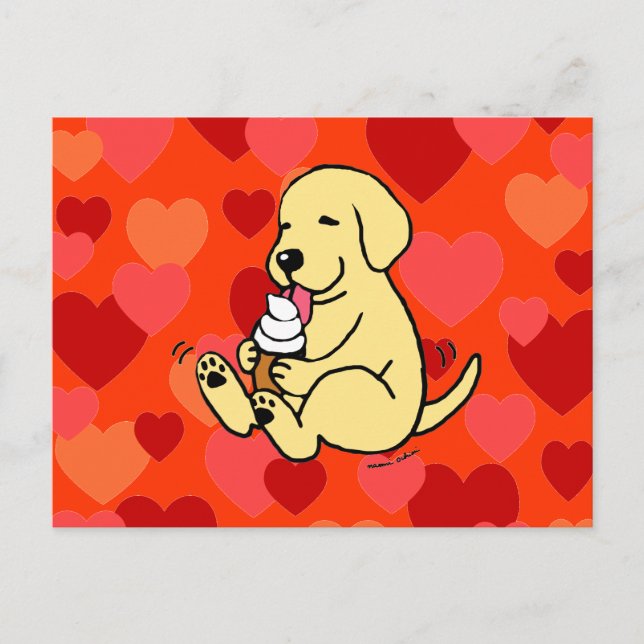 Yellow Lab Licking Ice Cream with Hearts Postcard (Front)