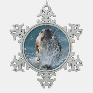 Yellow Lab Making A Splash Swimming Snowflake Pewter Christmas Ornament