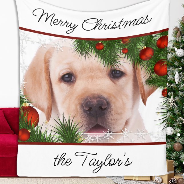 Yellow Lab Merry Christmas Cute Dog Puppy Labrador Fleece Blanket (Creator Uploaded)