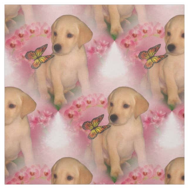 Yellow Lab Puppy Butterfly Animal Pattern Fabric (Swatch)