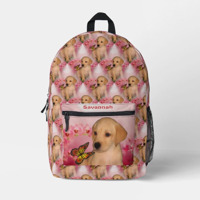 Yellow Lab Puppy Butterfly Animal Personalised Printed Backpack (Front)