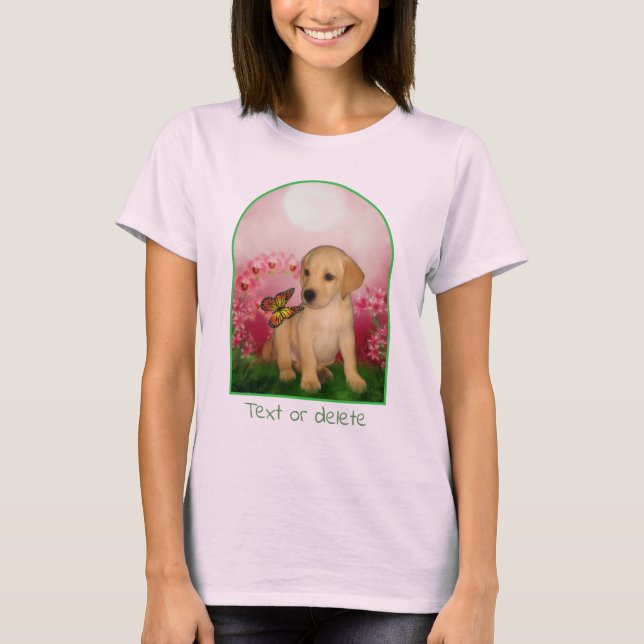 Yellow Lab Puppy Butterfly Lily Flowers Dog Art  T-Shirt (Front)