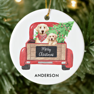 Yellow Lab Puppy Dog Vintage Red Christmas Truck  Ceramic Tree Decoration