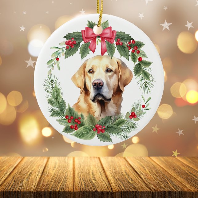 Yellow Lab Retriever Red Bow Holly Wreath Ceramic Tree Decoration (Creator Uploaded)