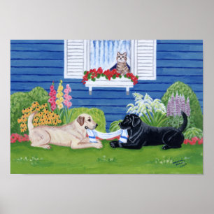 Yellow Labrador and Black Labrador in the Garden Poster