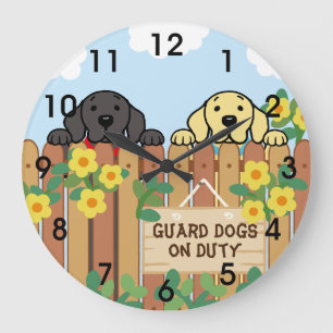 Yellow Labrador and Black Labrador Watching Large Clock