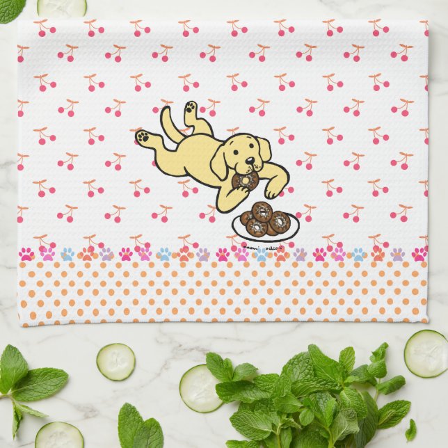 Yellow Labrador and Doughnuts Tea Towel (Folded)