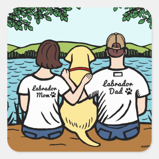 Yellow Labrador and Mum and Dad Square Sticker (Front)