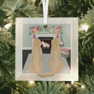 Yellow Labrador Dogs In Christmas Fireplace Scene Glass Tree Decoration