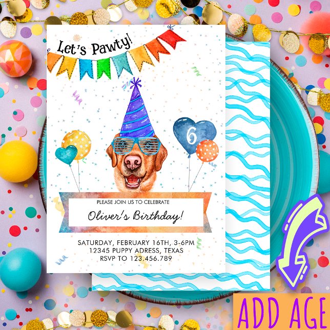 Yellow Labrador Lets Pawty Dog Birthday Party Invitation (Creator Uploaded)