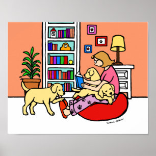 Yellow Labrador Mum Reading Cartoon Poster