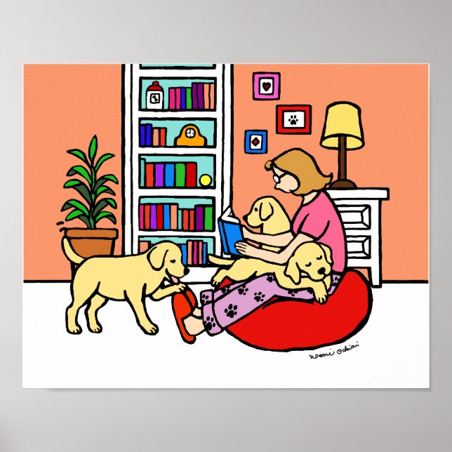 Yellow Labrador Mum Reading Cartoon Poster (Front)