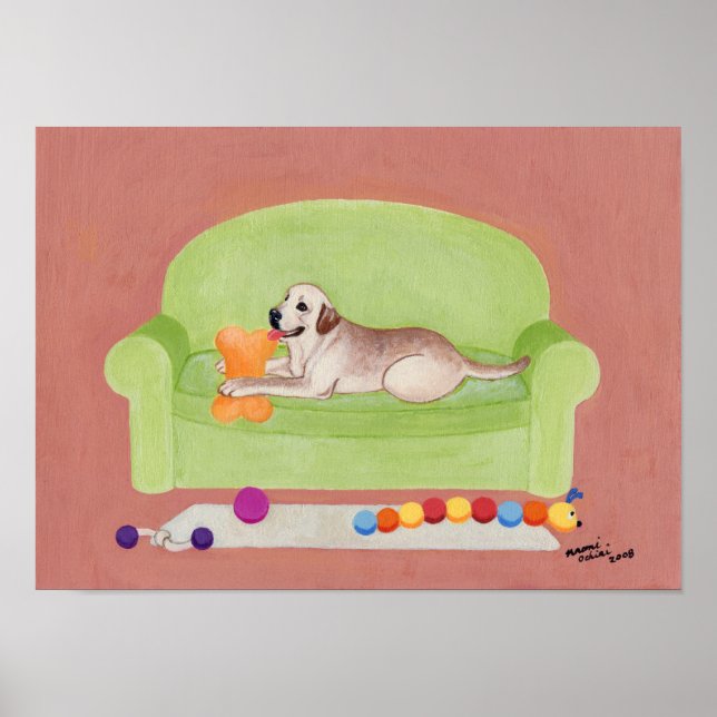 Yellow Labrador on the Green Couch Artwork Poster (Front)