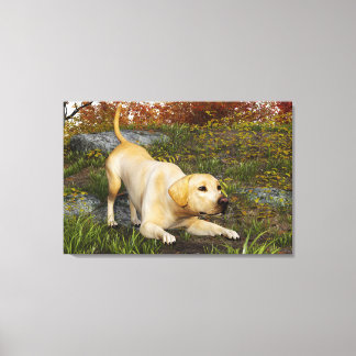 Yellow Labrador Play Bow in Autumn Woods Canvas Print