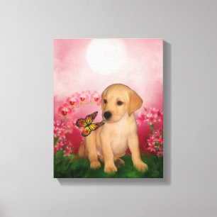 Yellow Labrador Puppy Butterfly Flowers Dog Art Canvas Print
