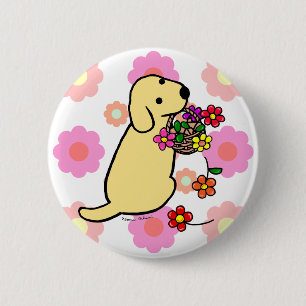Yellow Labrador Puppy Flower Basket Cartoon 6 Cm Round Badge