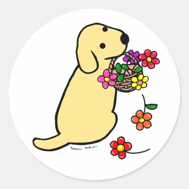 Yellow Labrador Puppy Flower Basket Cartoon Classic Round Sticker (Front)