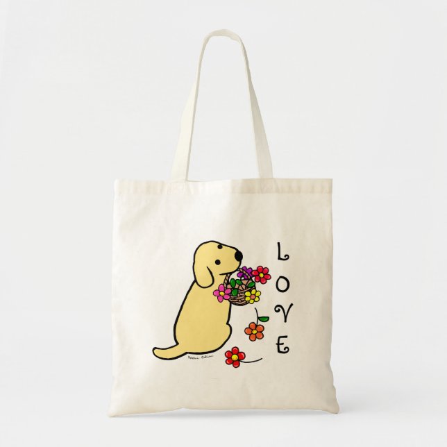 Yellow Labrador Puppy Flower Basket Cartoon Tote Bag (Front)