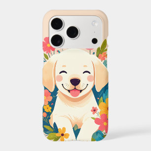 yellow labrador puppy in the middle of flowers
