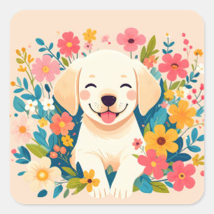yellow labrador puppy in the middle of flowers square sticker
