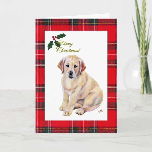 Yellow Labrador Puppy Tartan Christmas Holiday Card (Front)