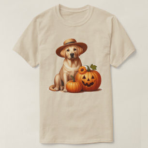 Yellow Labrador Puppy Wearing Hat with Pumpkins T-Shirt