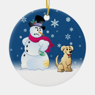 Yellow Labrador Retriever and Snowman Ceramic Tree Decoration