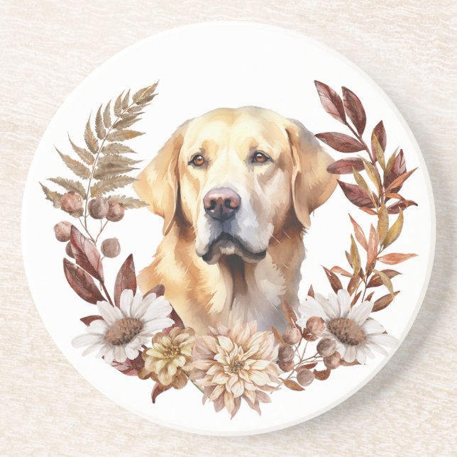 Yellow Labrador Retriever Autumn Wreath Coaster (Front)