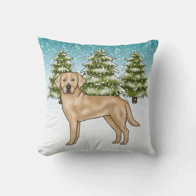 Yellow Labrador Retriever Blue Snow Winter Forest Cushion (Front)