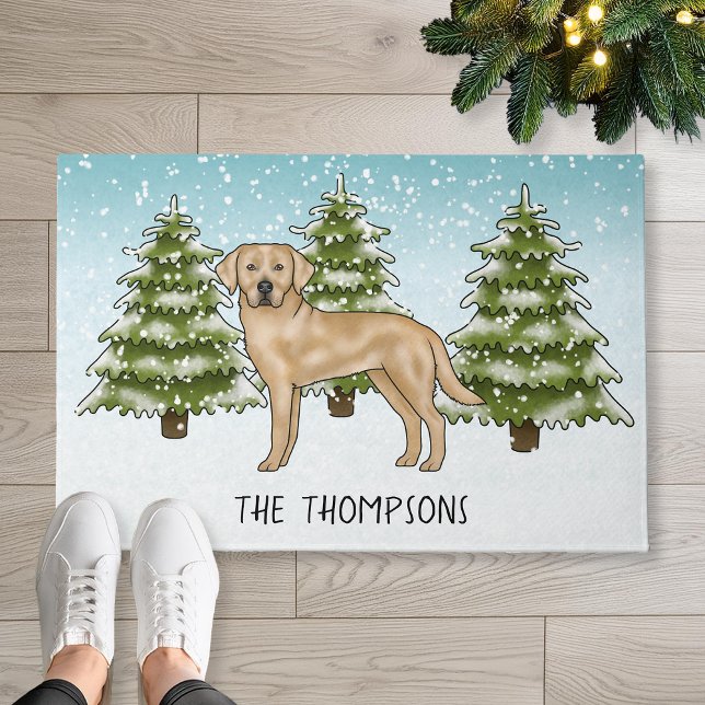 Yellow Labrador Retriever Blue Winter Family Name Doormat (Disclaimer: This image is a digital mockup.)