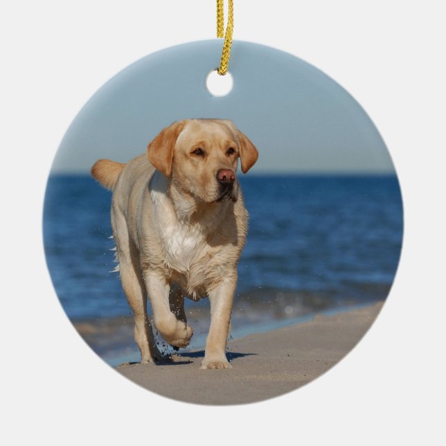 Yellow labrador retriever on the beach ceramic tree decoration (Front)