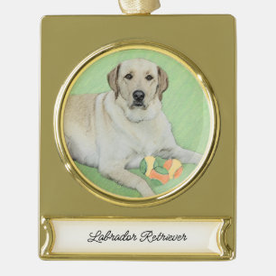 Yellow Labrador Retriever & Tennis Balls Painting Gold Plated Banner Ornament