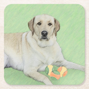 Yellow Labrador Retriever & Tennis Balls Painting Square Paper Coaster