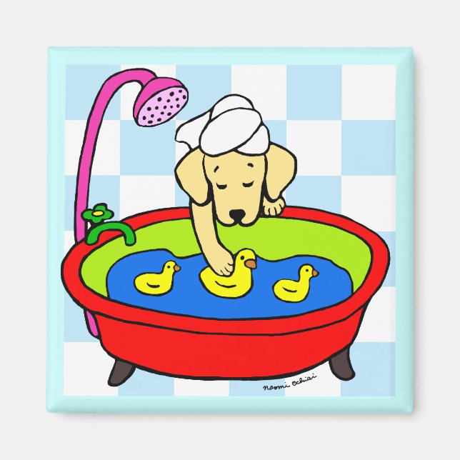 Yellow Labrador & Rubber Ducks Cartoon Magnet (Front)