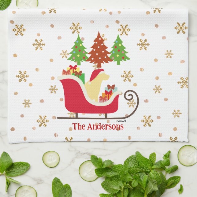 Yellow Labrador Silhouette Christmas Sleigh Tea Towel (Folded)