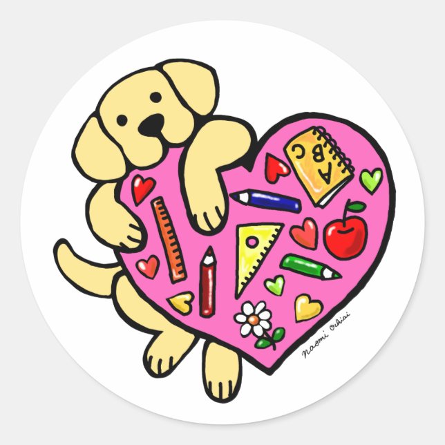 Yellow Labrador & Teacher's Heart Cartoon Classic Round Sticker (Front)