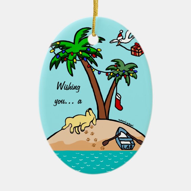 Yellow Labrador Tropical Christmas Ceramic Tree Decoration (Front)