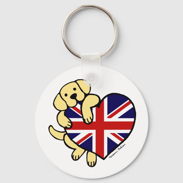 Yellow Labrador & UK Flag Heart 2 Cartoon Key Ring (Front)