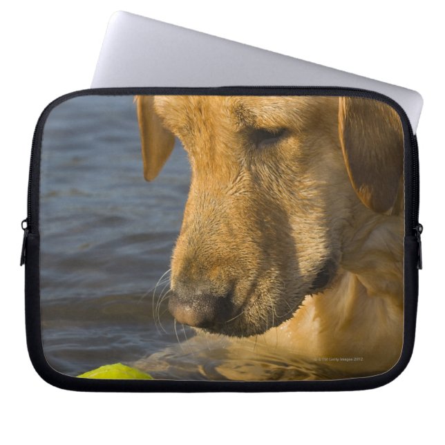 Yellow labrador with a tennis ball in the water laptop sleeve (Front)