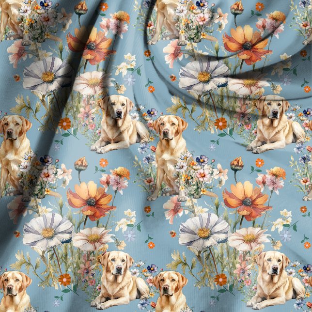 Yellow Labs and Wildflowers on Blue Fabric (Creator Uploaded)